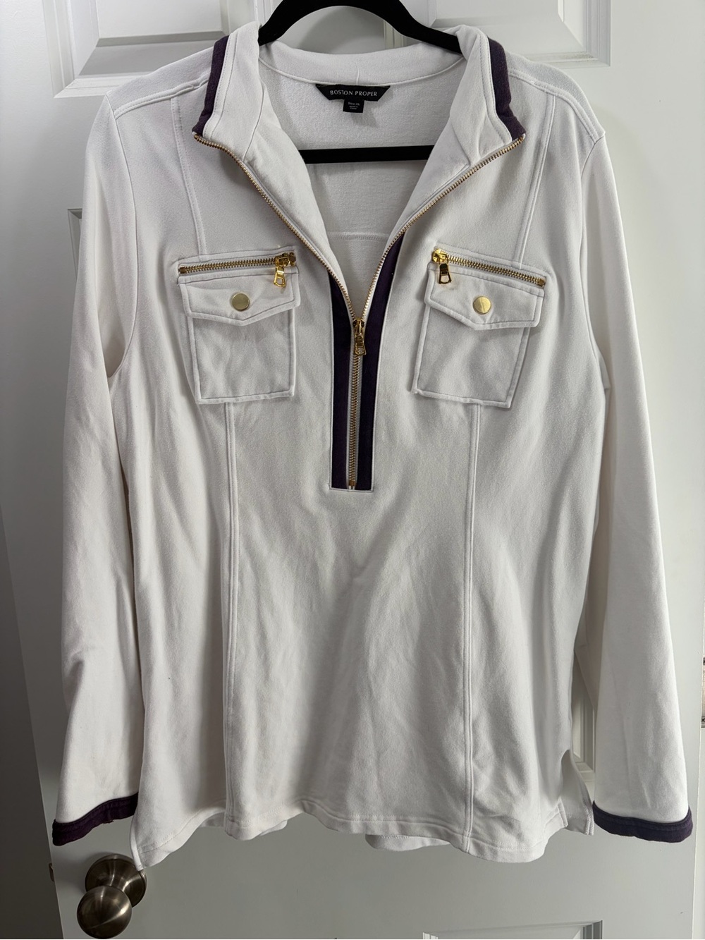 Boston Proper Quarter Zip White Crewneck Top with Navy Trim and Gold Details